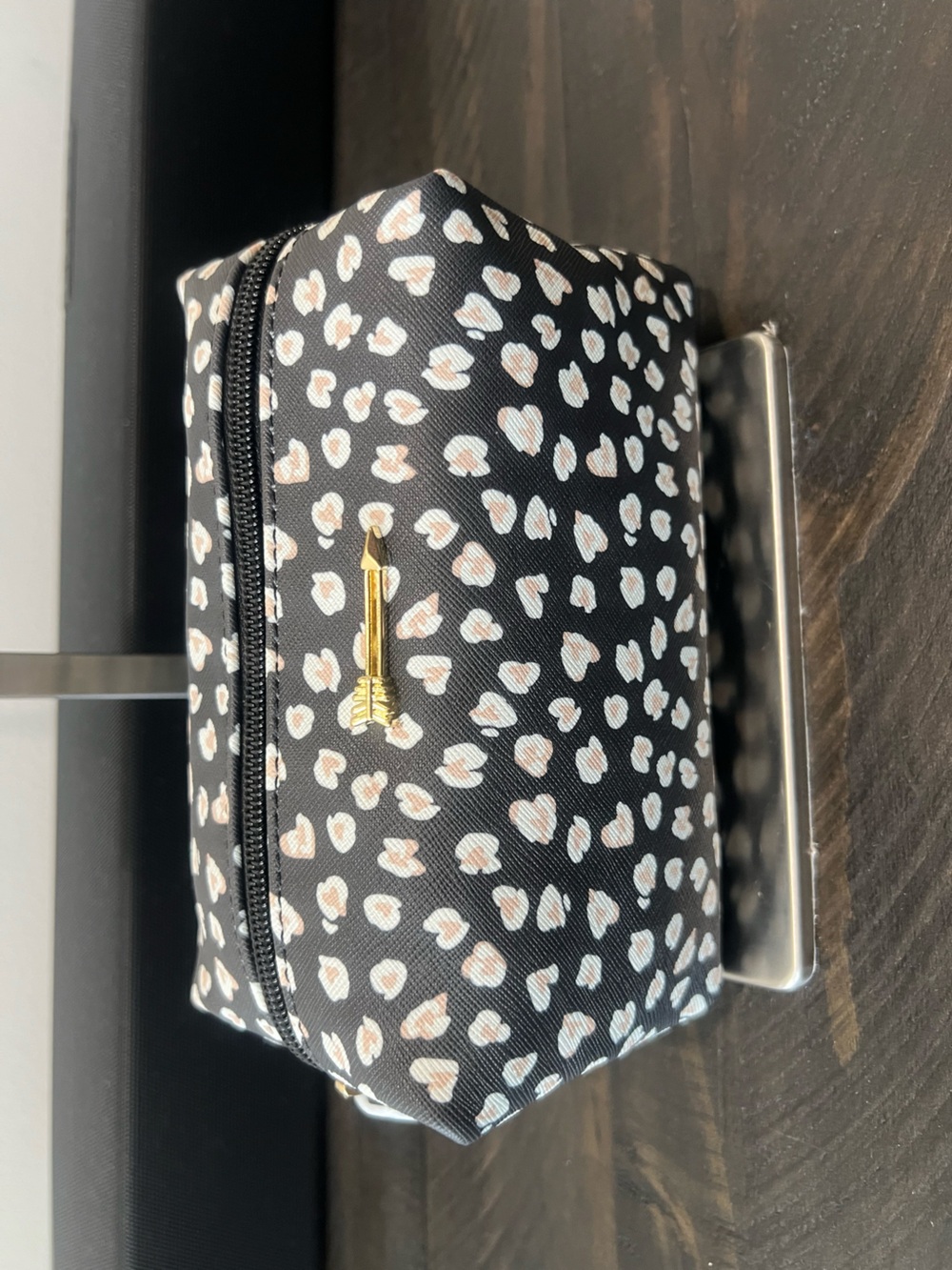 Stella & Dot Black Cosmetic Pouch with White and Blush Heart Print